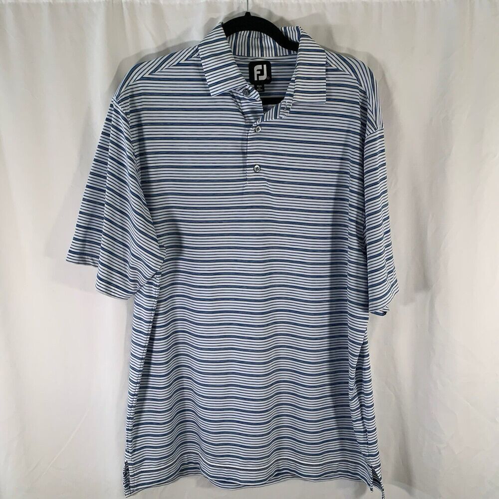 FootJoy Golf Polo Shirt Men's Large White Blue Striped Short Sleeve 1/4 Button
